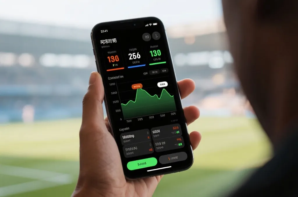 A smartphone displaying modern real-time sports statistics and scores with dynamic charts